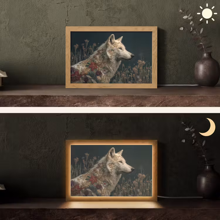 Wolf - Bloemen - Natuur Light Box met kabel (Tafellamp) klein -sfeer3