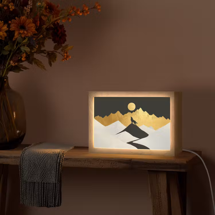 Wolf - Bergen - Maan - Zwart Light Box met kabel (Tafellamp) klein -sfeer4