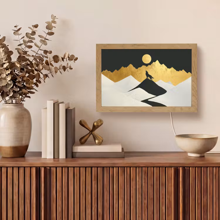 Wolf - Bergen - Maan - Zwart Light Box met kabel (Tafellamp) klein -sfeer2
