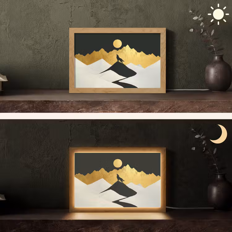 Wolf - Bergen - Maan - Zwart Light Box met kabel (Tafellamp) klein -sfeer3