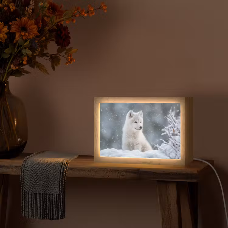 Wolf - Pup - Sneeuw Light Box met kabel (Tafellamp) klein -sfeer4