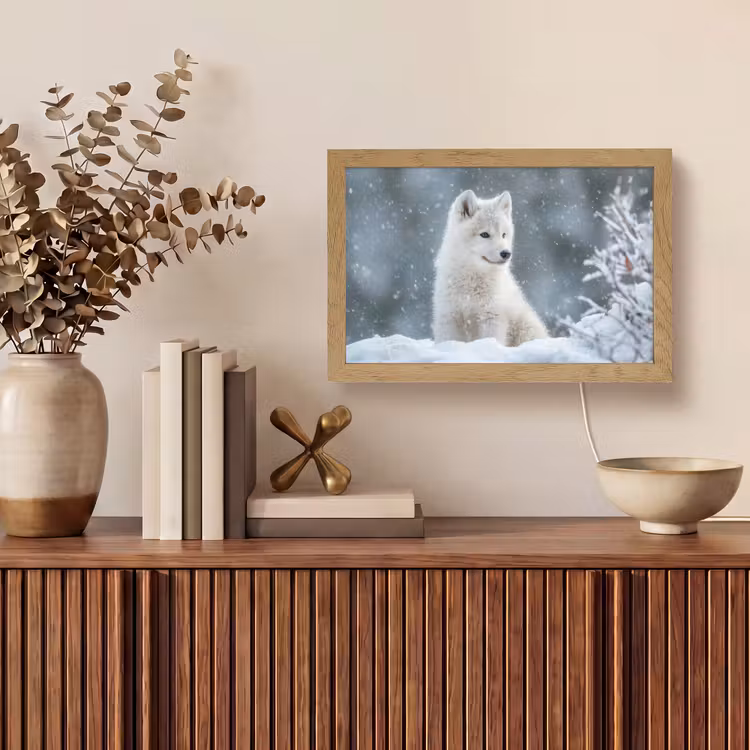 Wolf - Pup - Sneeuw Light Box met kabel (Tafellamp) klein -sfeer2