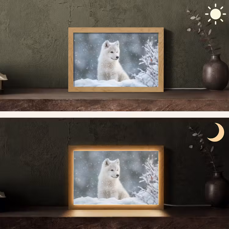 Wolf - Pup - Sneeuw Light Box met kabel (Tafellamp) klein -sfeer3