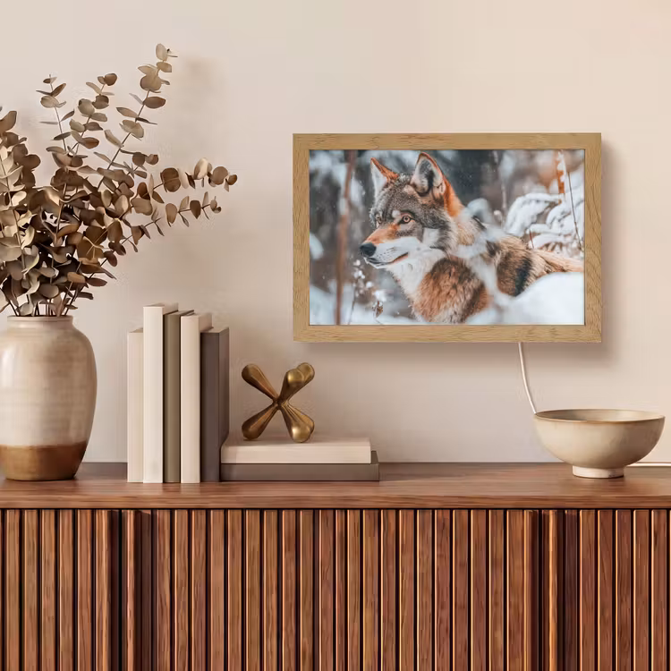 Wolf - Sneeuw - Winter - Dieren - Natuur - Sneeuw Light Box met kabel (Tafellamp) klein -sfeer2