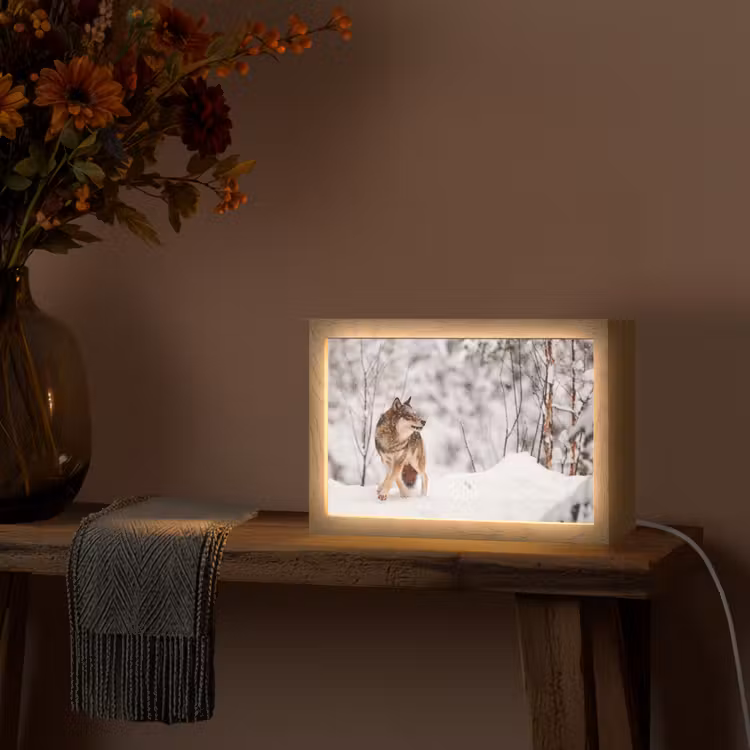 Wolf - Winter - Sneeuw - Natuur - Dieren Light Box met kabel (Tafellamp) klein -sfeer4