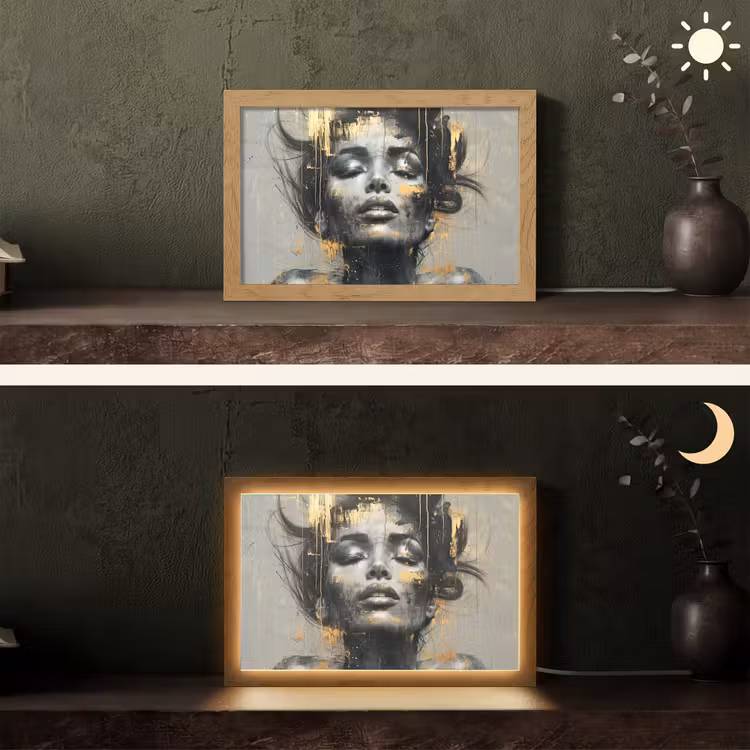 Vrouw - Kunst - Goud - Abstract - Glamour Light Box met kabel (Tafellamp) klein -sfeer3