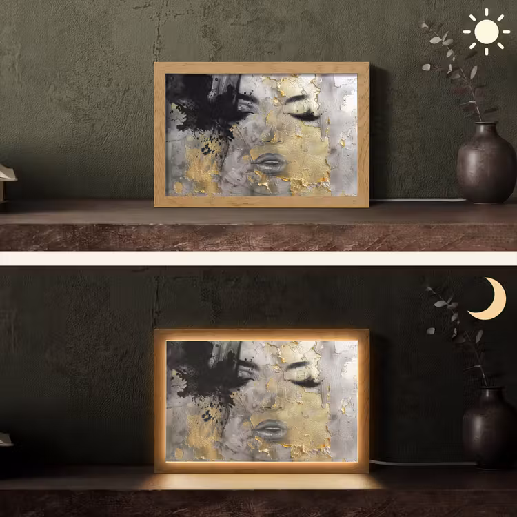 Vrouw - Kunst - Goud - Zwart Light Box met kabel (Tafellamp) klein -sfeer3