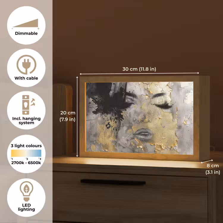 Vrouw - Kunst - Goud - Zwart Light Box met kabel (Tafellamp) klein -USP_EN