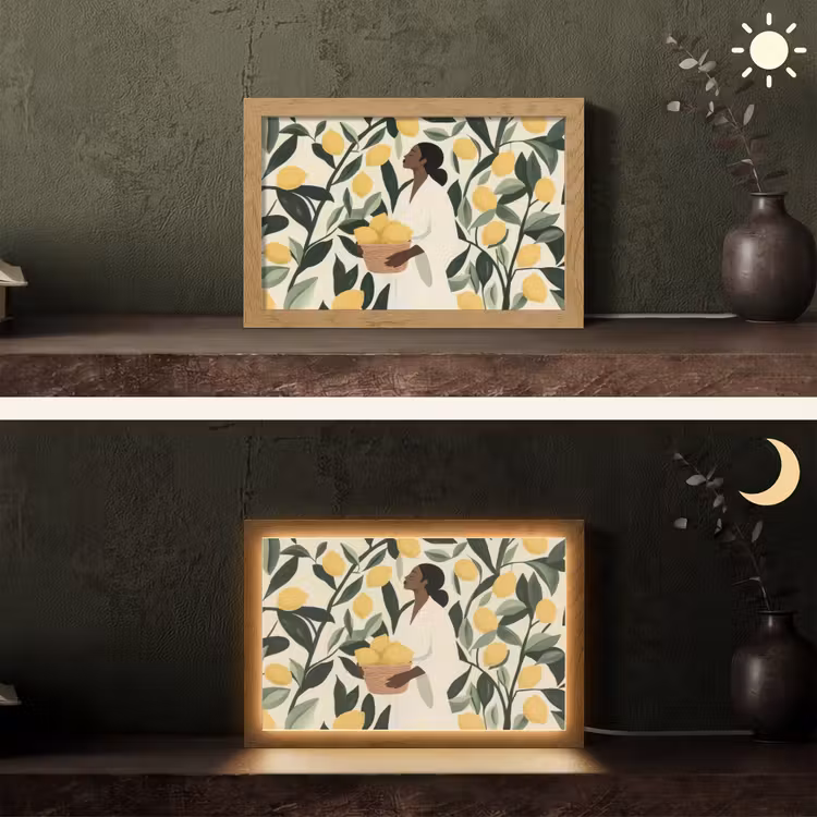 Vrouw - Mand - Citroenen - Bladeren Light Box met kabel (Tafellamp) klein -sfeer3