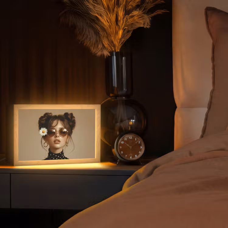 Vrouw - Beige - Bloem - Modern - Portret Light Box met kabel (Tafellamp) klein -sfeer1