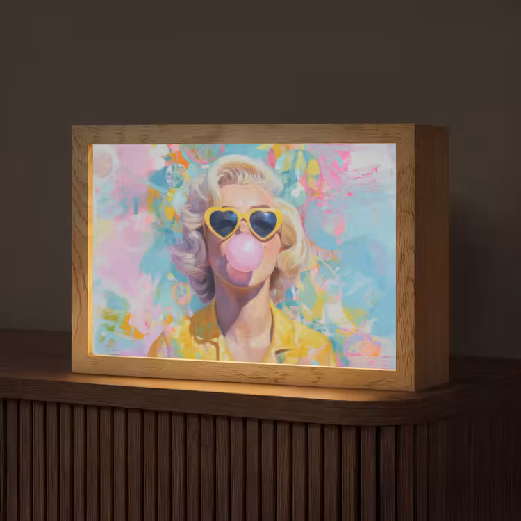 Vrouw - Blond - Roze kauwgom - Kleurrijk - Pastel Light Box met kabel (Tafellamp) klein -z3d_website