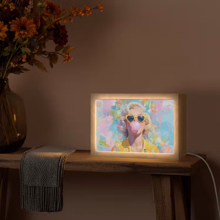 Vrouw - Blond - Roze kauwgom - Kleurrijk - Pastel Light Box met kabel (Tafellamp) klein -sfeer4
