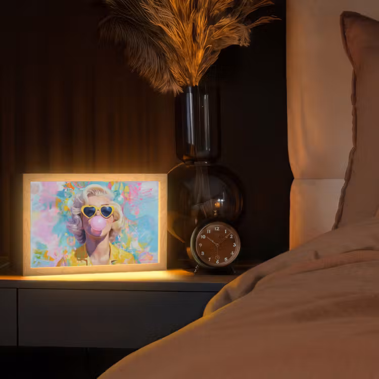 Vrouw - Blond - Roze kauwgom - Kleurrijk - Pastel Light Box met kabel (Tafellamp) klein -sfeer1