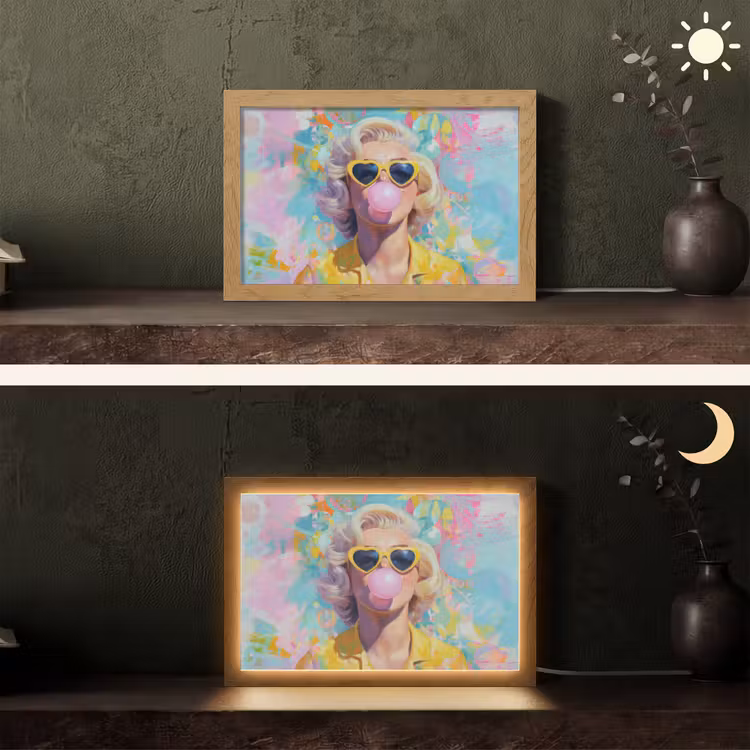 Vrouw - Blond - Roze kauwgom - Kleurrijk - Pastel Light Box met kabel (Tafellamp) klein -sfeer3