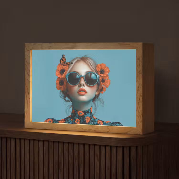 Vrouw - Blauw - Vlinder - Bloemen - Aesthetic Light Box met kabel (Tafellamp) klein -z3d_website
