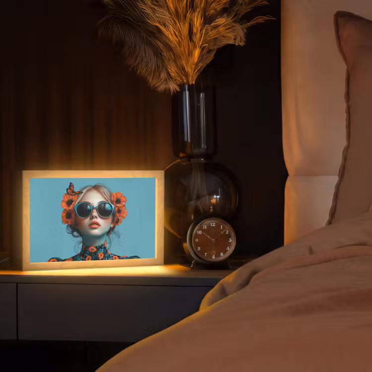 Vrouw - Blauw - Vlinder - Bloemen - Aesthetic Light Box met kabel (Tafellamp) klein -sfeer1