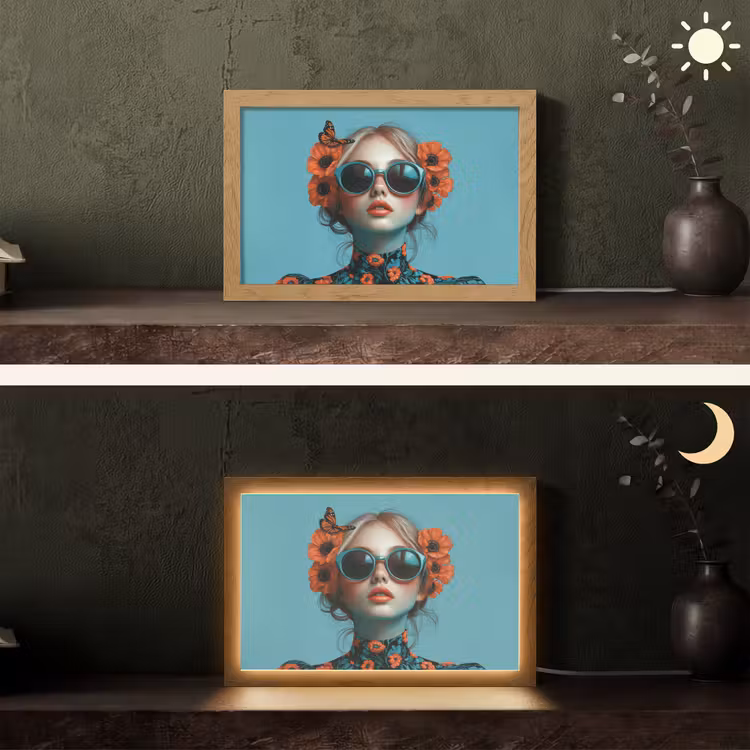 Vrouw - Blauw - Vlinder - Bloemen - Aesthetic Light Box met kabel (Tafellamp) klein -sfeer3