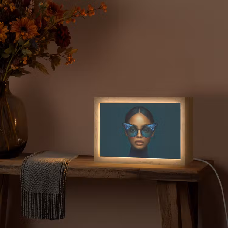 Vrouw - Vlinder - Bril - Blauw - Modern - Portret Light Box met kabel (Tafellamp) klein -sfeer4