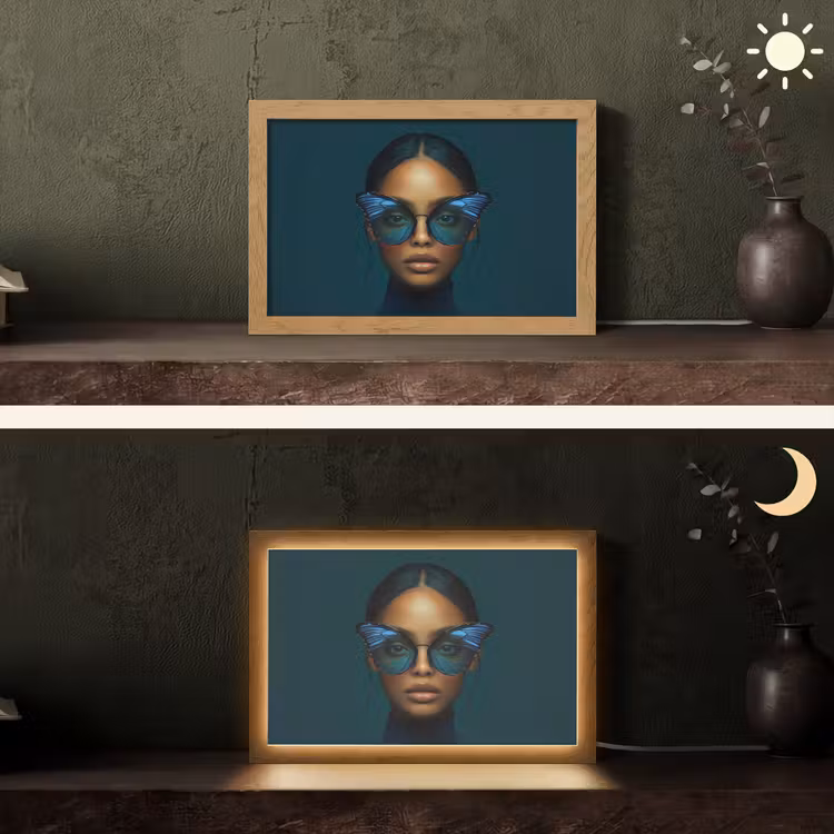 Vrouw - Vlinder - Bril - Blauw - Modern - Portret Light Box met kabel (Tafellamp) klein -sfeer3