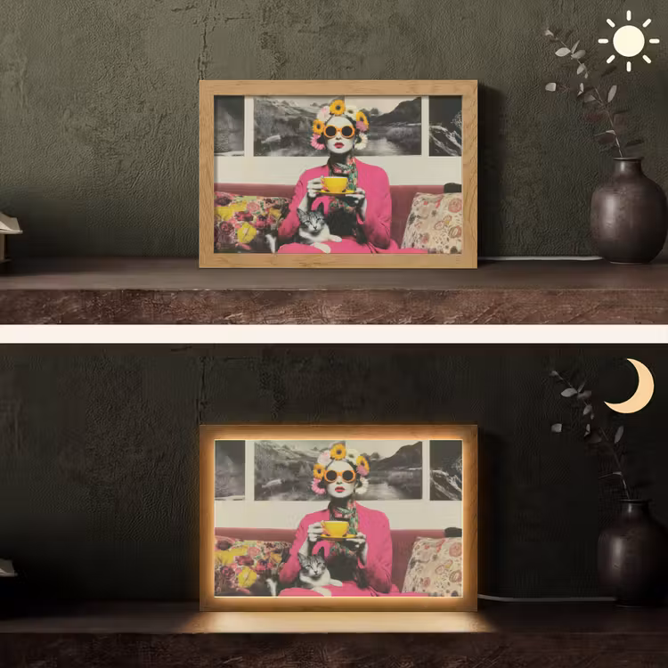 Vrouw - Kat - Bloemen - Kopje - Retro Light Box met kabel (Tafellamp) klein -sfeer3