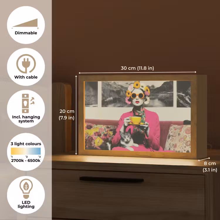 Vrouw - Kat - Bloemen - Kopje - Retro Light Box met kabel (Tafellamp) klein -USP_EN