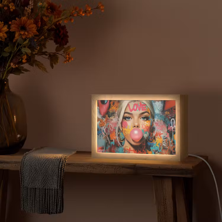 Vrouw - Kauwgom - Graffiti - Love Light Box met kabel (Tafellamp) klein -sfeer4