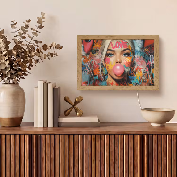 Vrouw - Kauwgom - Graffiti - Love Light Box met kabel (Tafellamp) klein -sfeer2