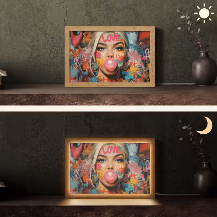Vrouw - Kauwgom - Graffiti - Love Light Box met kabel (Tafellamp) klein -sfeer3