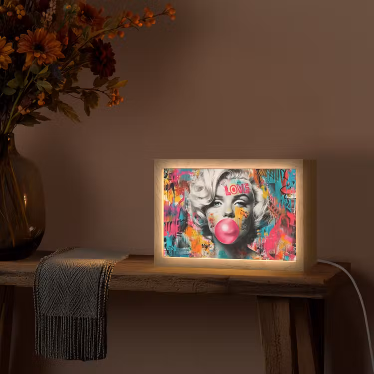 Vrouw - Kauwgom - Graffiti - Neonkleuren Light Box met kabel (Tafellamp) klein -sfeer4
