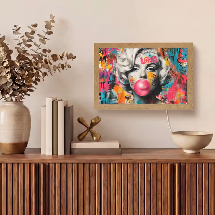 Vrouw - Kauwgom - Graffiti - Neonkleuren Light Box met kabel (Tafellamp) klein -sfeer2