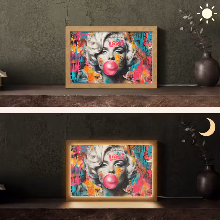 Vrouw - Kauwgom - Graffiti - Neonkleuren Light Box met kabel (Tafellamp) klein -sfeer3