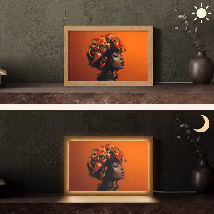 Vrouw - Chilipepers - Pepers - Bloemen Light Box met kabel (Tafellamp) klein -sfeer3