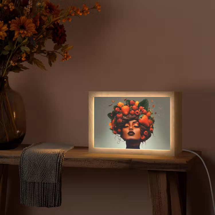 Vrouw - Chocolade - Frambozen - Aardbeien - Koekjes Light Box met kabel (Tafellamp) klein -sfeer4