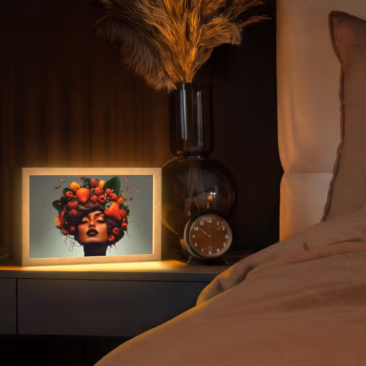 Vrouw - Chocolade - Frambozen - Aardbeien - Koekjes Light Box met kabel (Tafellamp) klein -sfeer1