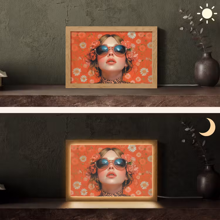 Vrouw - Kleurrijk - Dierenprint - Bloemen Light Box met kabel (Tafellamp) klein -sfeer3