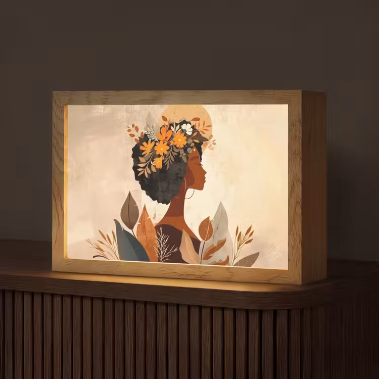 Vrouw - Krullen - Bloemen - Beige Light Box met kabel (Tafellamp) klein -z3d_website