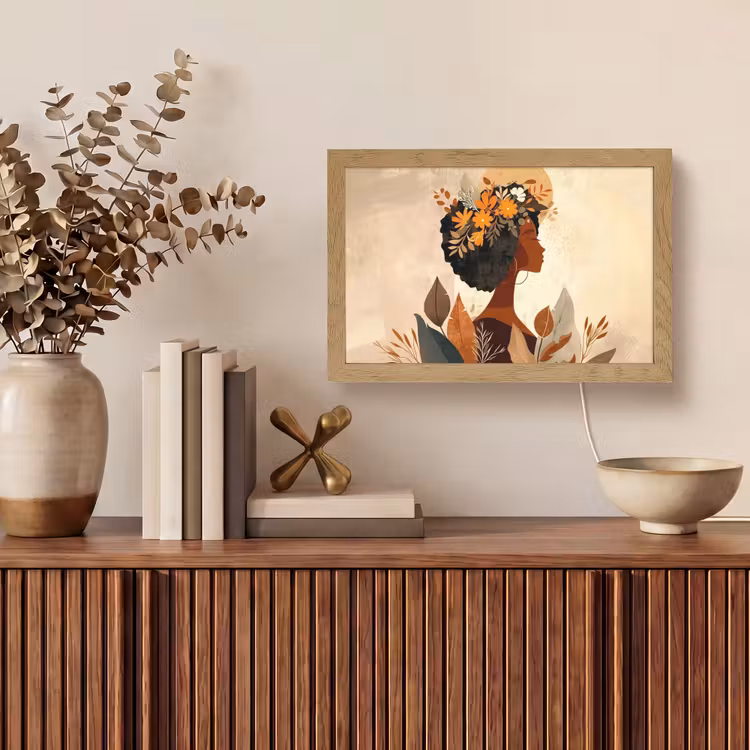 Vrouw - Krullen - Bloemen - Beige Light Box met kabel (Tafellamp) klein -sfeer2