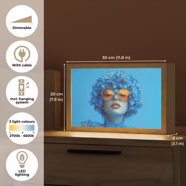 Vrouw - Bloem - Blauw - Modern - Bril - Portret Light Box met kabel (Tafellamp) klein -USP_EN