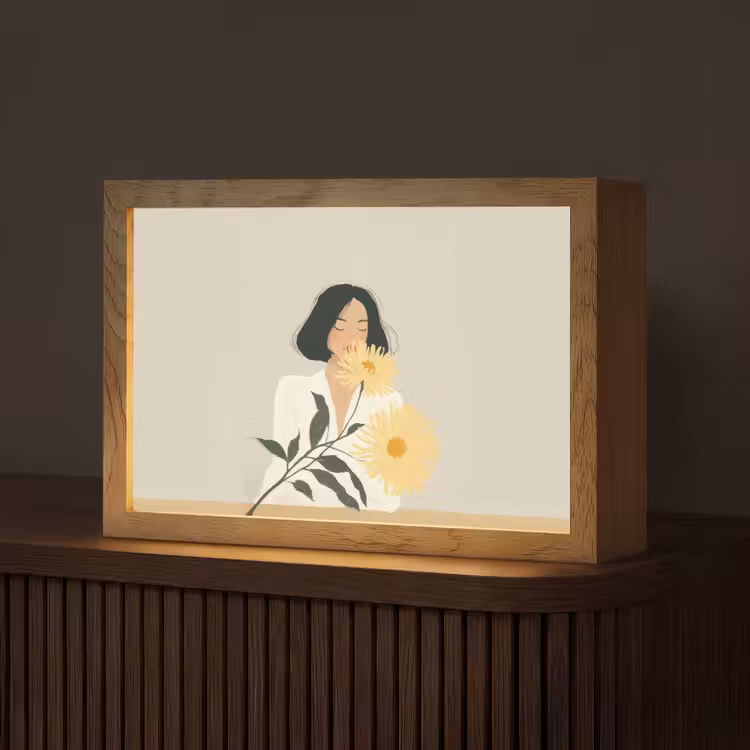 Vrouw - Bloem - Geel - Minimalistisch Light Box met kabel (Tafellamp) klein -z3d_website