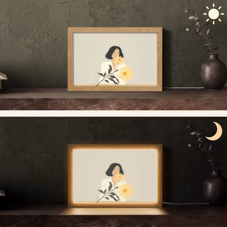 Vrouw - Bloem - Geel - Minimalistisch Light Box met kabel (Tafellamp) klein -sfeer3