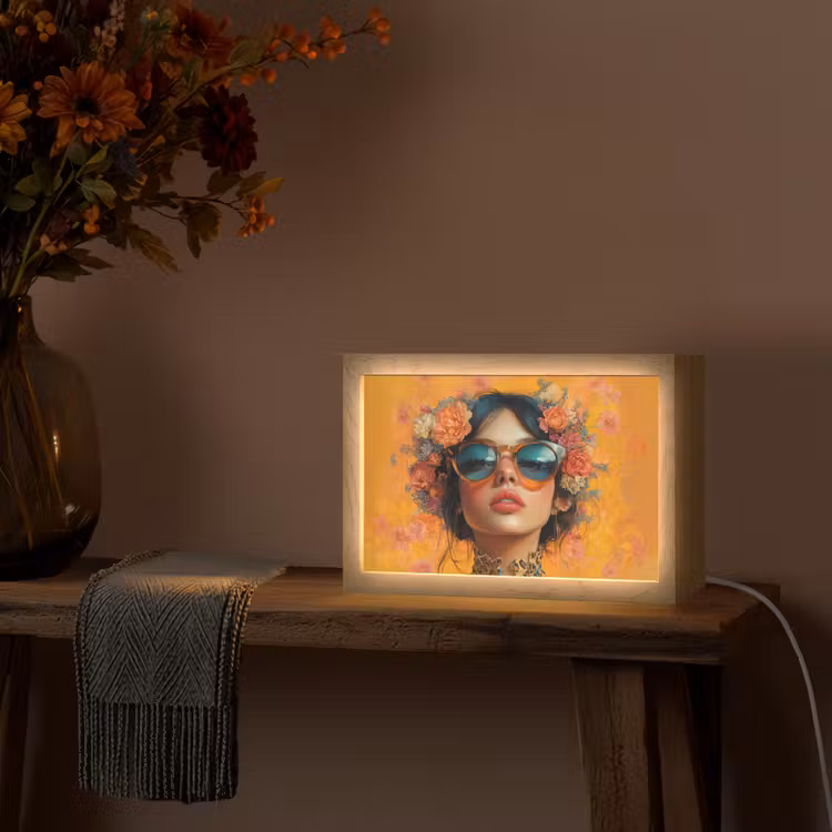 Vrouw - Bloemen - Aesthetic - Oranje Light Box met kabel (Tafellamp) klein -sfeer4
