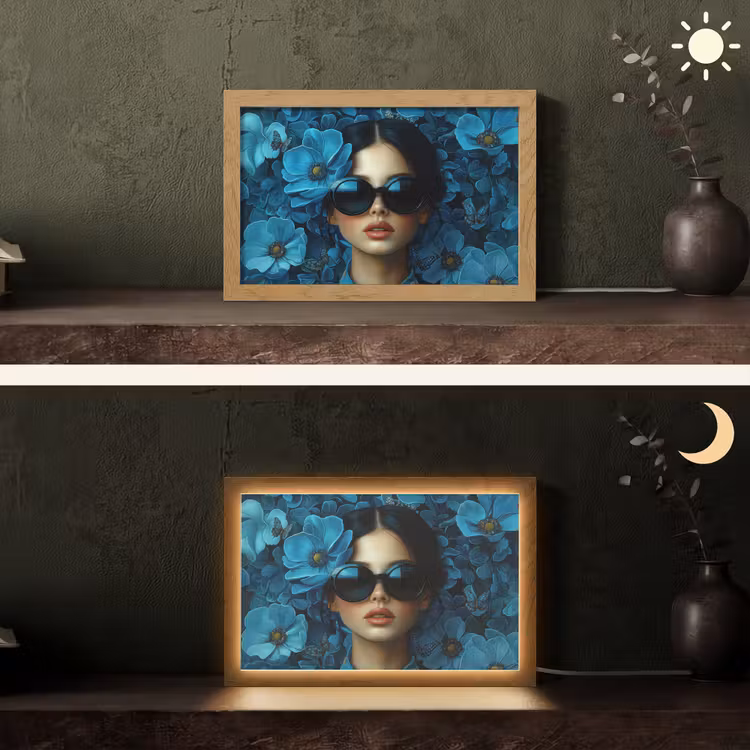 Vrouw - Bloemen - Blauw - Aesthetic - Luxe Light Box met kabel (Tafellamp) klein -sfeer3
