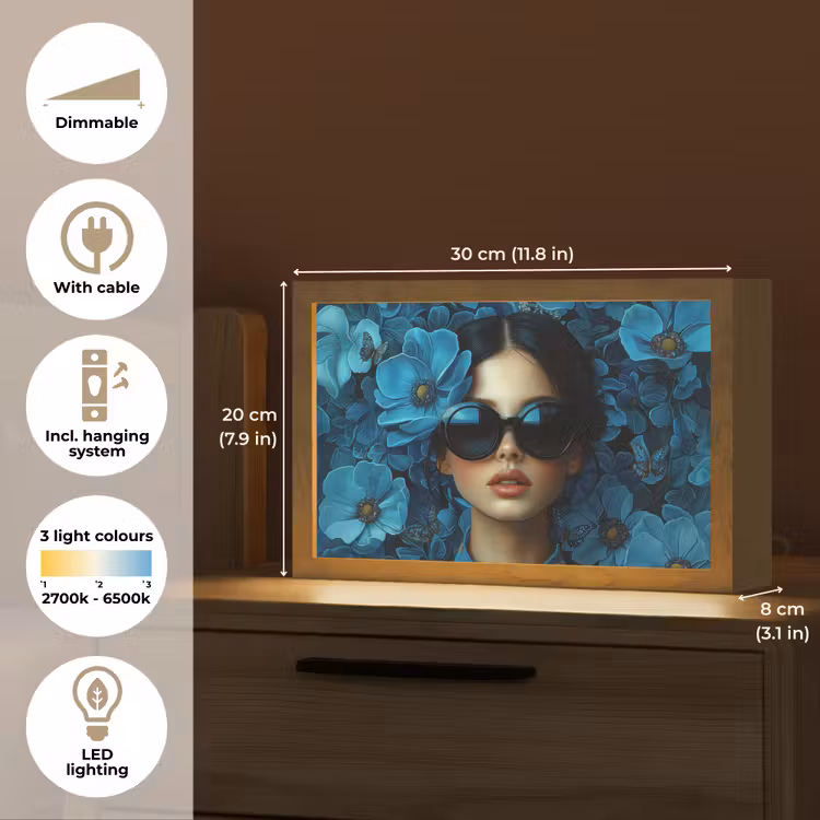 Vrouw - Bloemen - Blauw - Aesthetic - Luxe Light Box met kabel (Tafellamp) klein -USP_EN