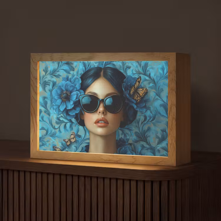 Vrouw - Bloemen - Vlinders - Blauw - Abstract Light Box met kabel (Tafellamp) klein -z3d_website
