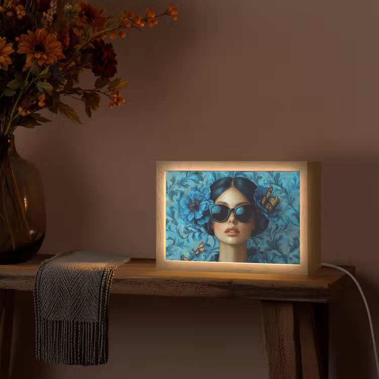 Vrouw - Bloemen - Vlinders - Blauw - Abstract Light Box met kabel (Tafellamp) klein -sfeer4
