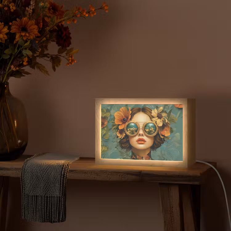Vrouw - Bloemen - Vlinders - Natuur - Vintage Light Box met kabel (Tafellamp) klein -sfeer4