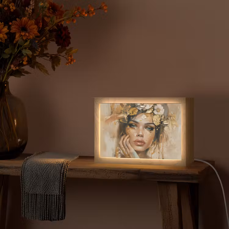 Vrouw - Bloemen - Goud - Portret Light Box met kabel (Tafellamp) klein -sfeer4