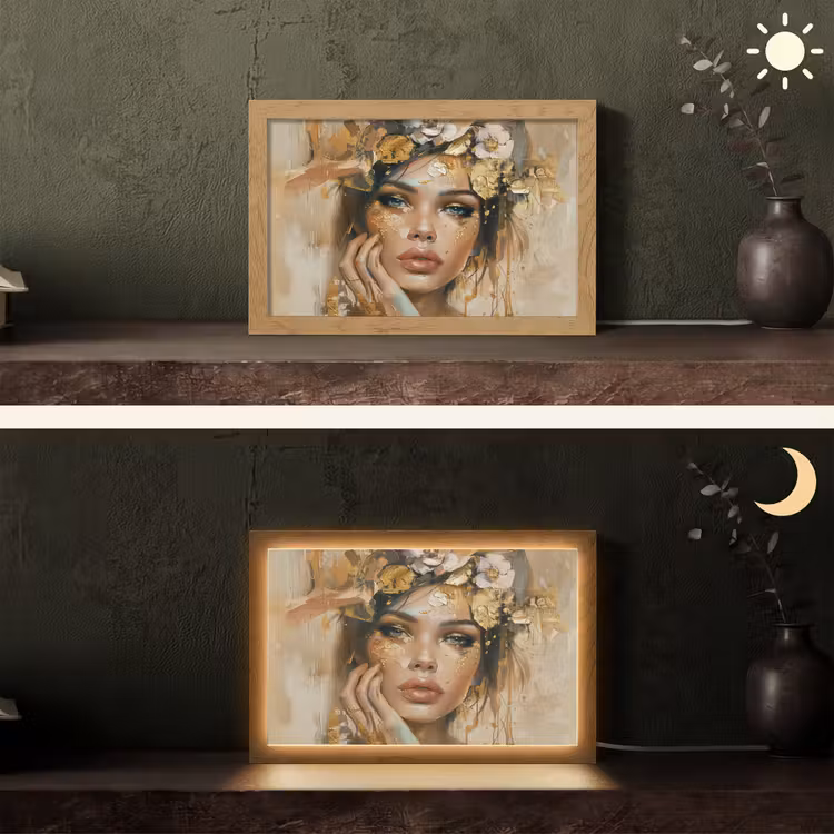 Vrouw - Bloemen - Goud - Portret Light Box met kabel (Tafellamp) klein -sfeer3