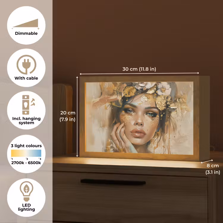 Vrouw - Bloemen - Goud - Portret Light Box met kabel (Tafellamp) klein -USP_EN
