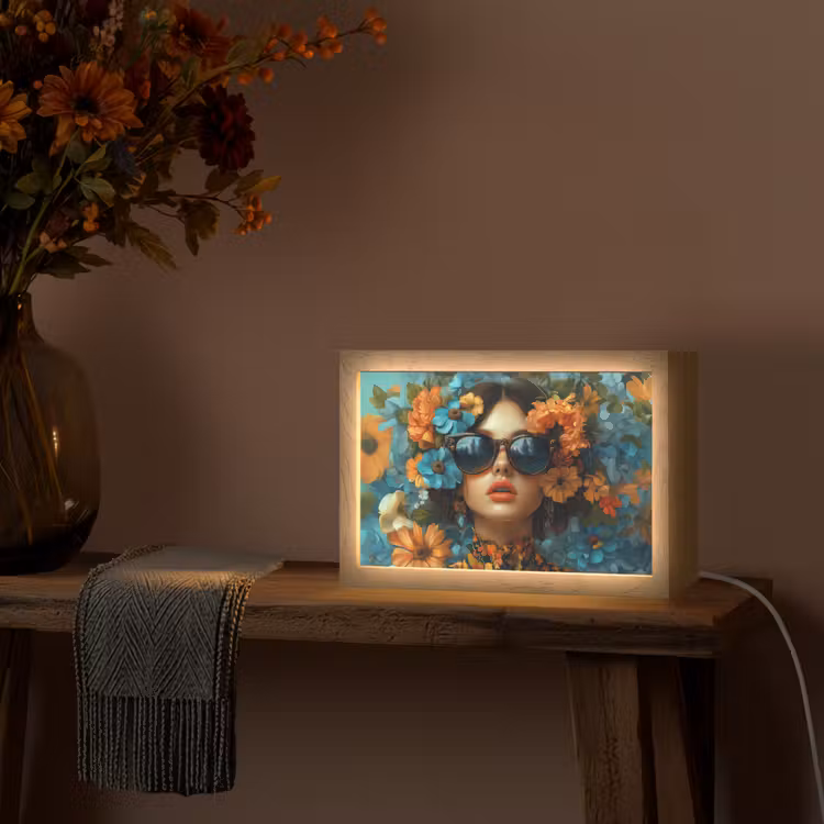 Vrouw - Bloemen - Oranje - Blauw - Modern Light Box met kabel (Tafellamp) klein -sfeer4